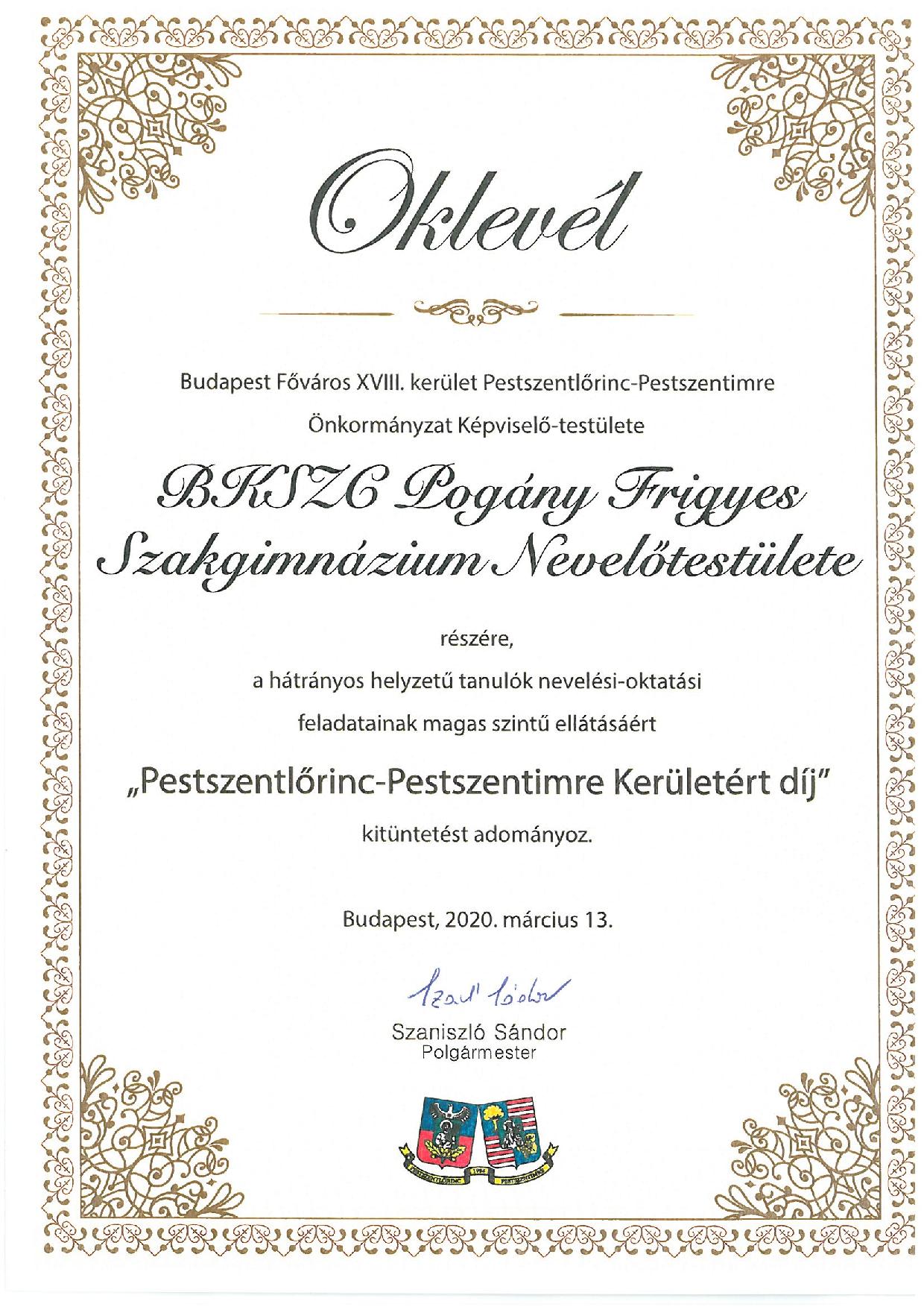 „Pestszentlőrinc-Pestszentimre Kerületért Díj” – kitüntetésben részesült a Budapesti Komplex SzC Pogány Frigyes Technikum